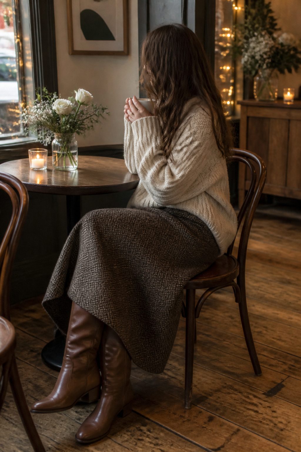 27 Winter Outfit Ideas for Women: 2026 Style Guide 11 Woman in a maxi skirt and sweater sitting in a café.