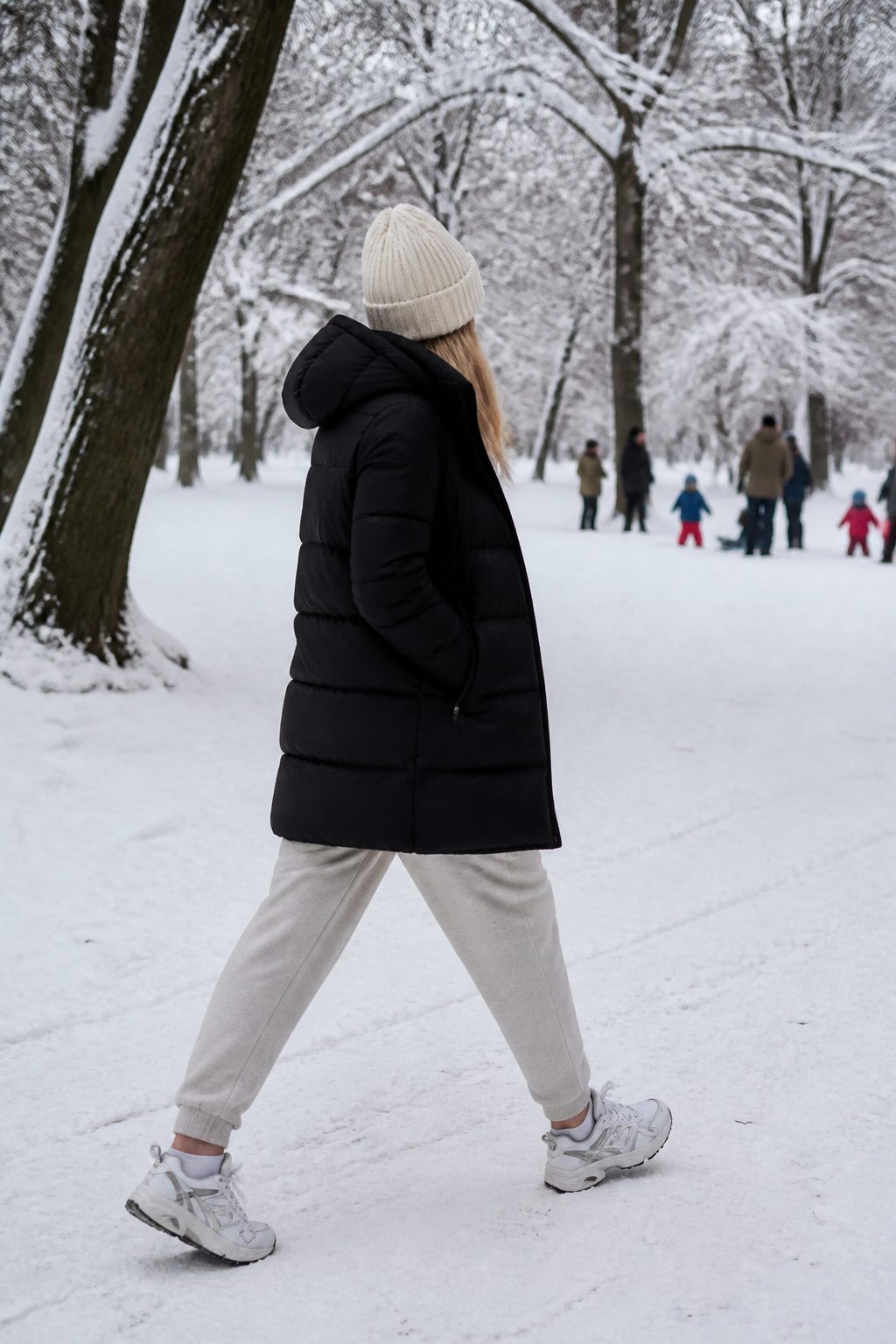 27 Winter Outfit Ideas for Women: 2026 Style Guide 8 Woman in a black puffer coat and joggers in a snowy park.