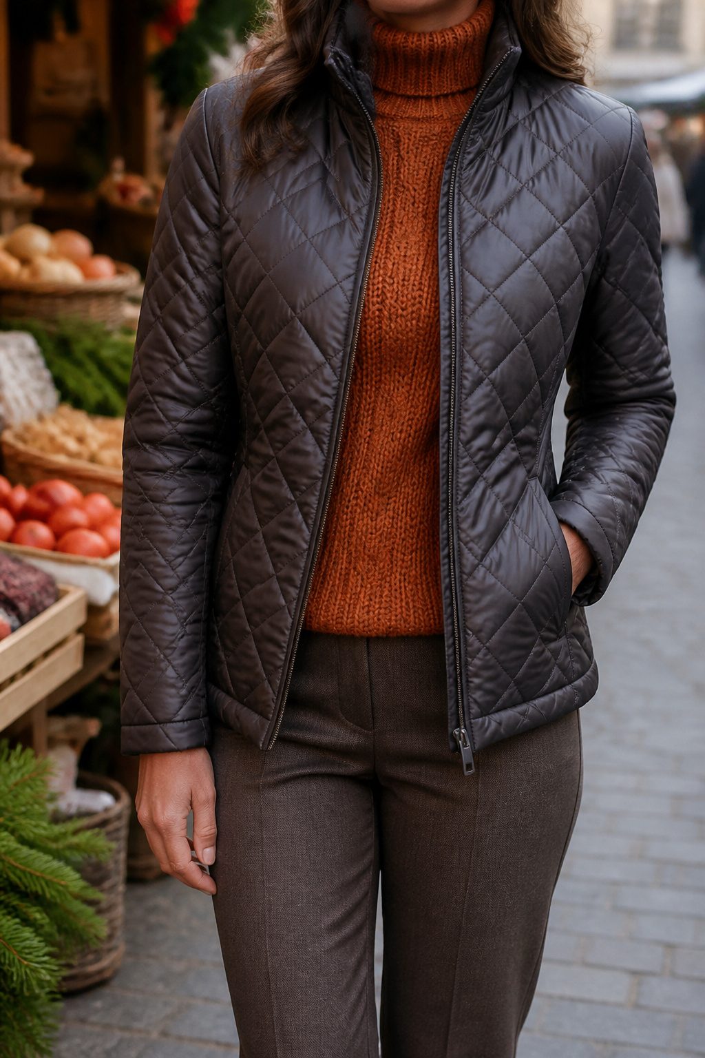 27 Winter Outfit Ideas for Women: 2026 Style Guide 5 Woman in a quilted jacket with a cozy sweater underneath.