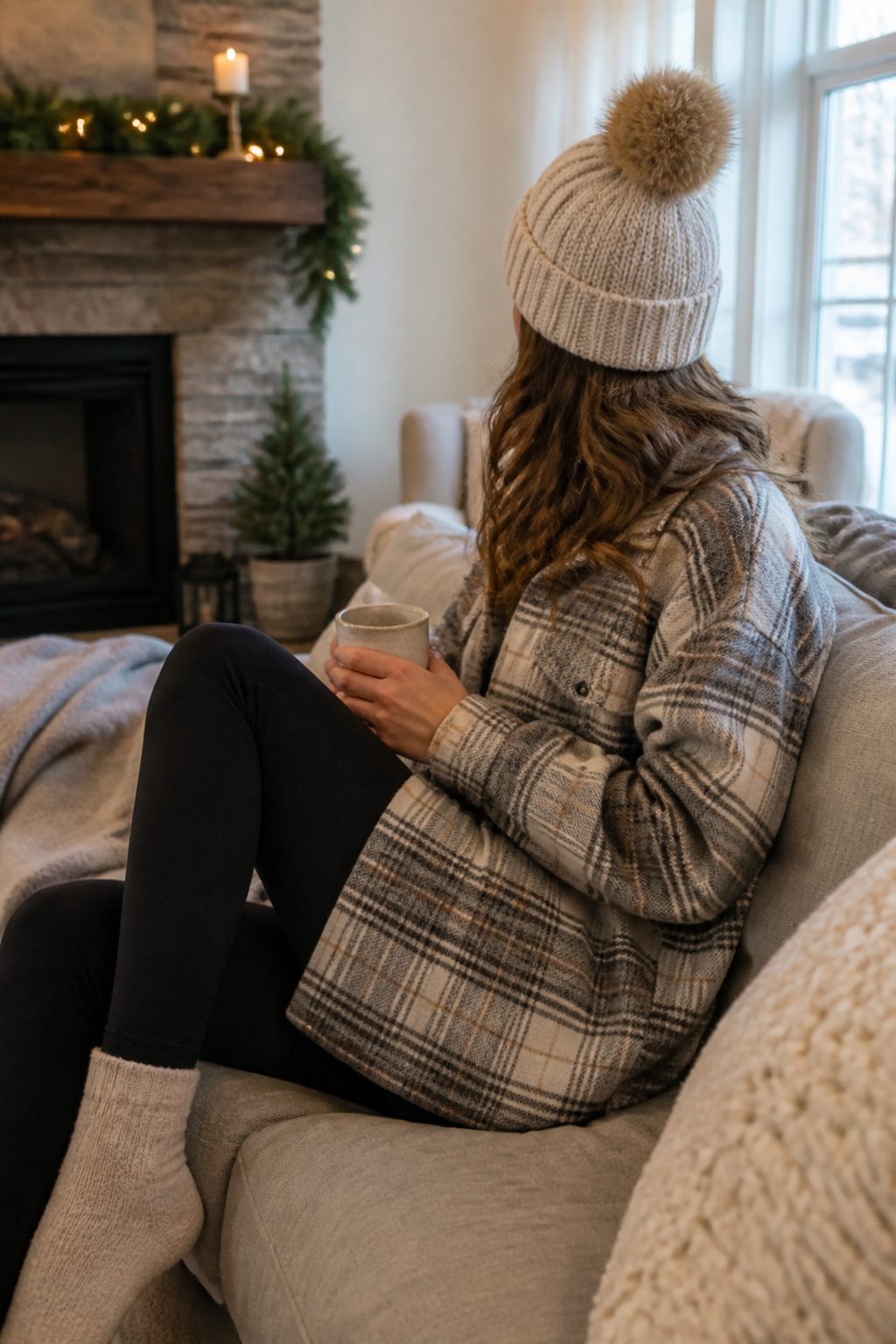 27 Winter Outfit Ideas for Women: 2026 Style Guide 20 Woman in a shacket and leggings on a couch.