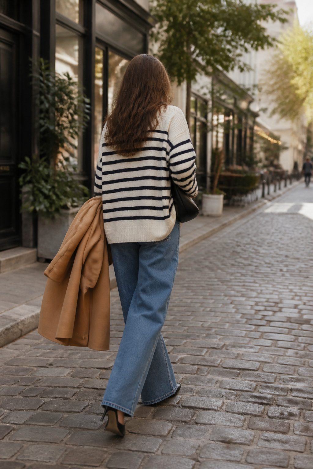 27 Winter Outfit Ideas for Women: 2026 Style Guide 1 Woman in a striped sweater and wide-leg denim with kitten-heeled boots.