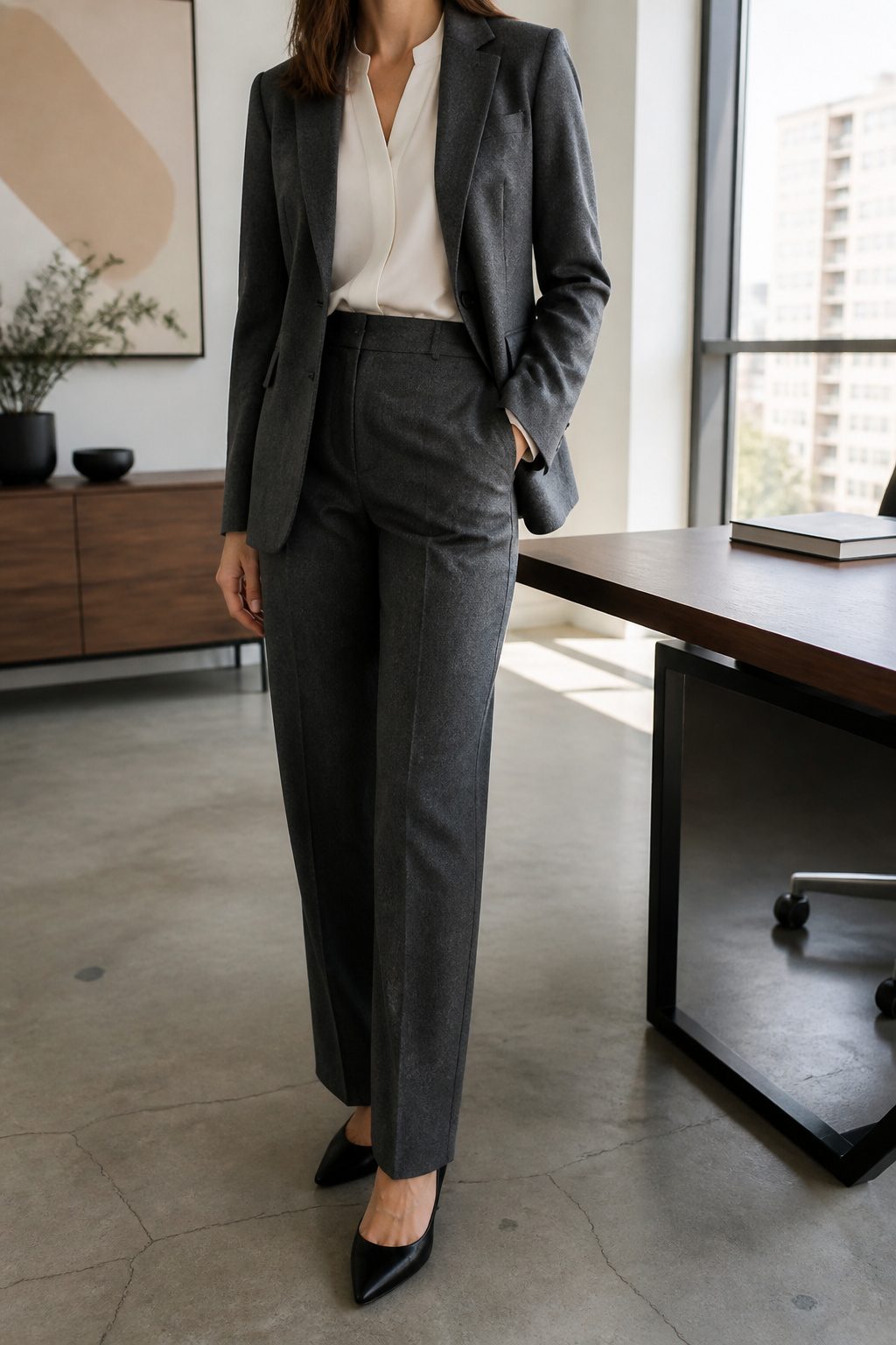 27 Winter Outfit Ideas for Women: 2026 Style Guide 22 Woman wearing a winter suit in an urban office.