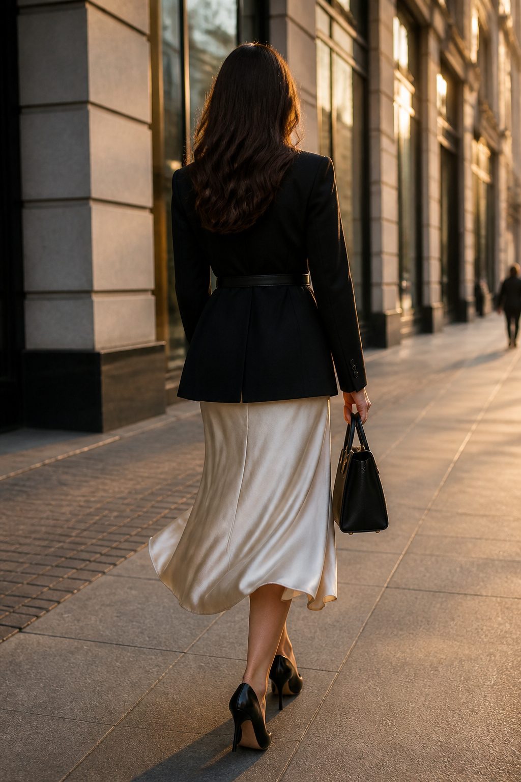 A woman in a blazer and satin skirt walking on a city sidewalk.