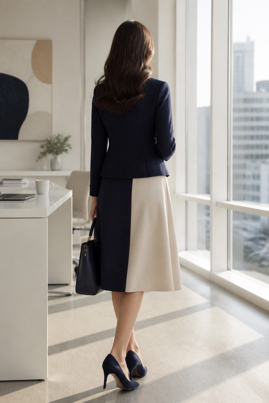 A woman in a navy blazer and two-tone skirt in a bright office.