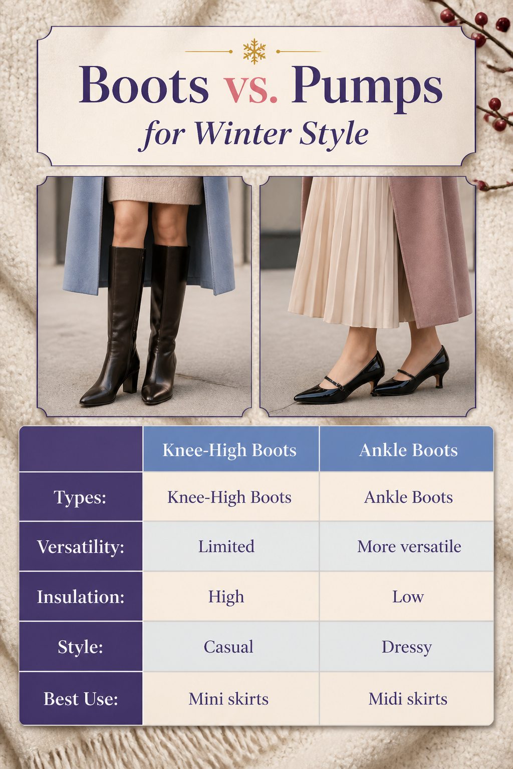 An image comparing boots and pumps suitable for winter styling.