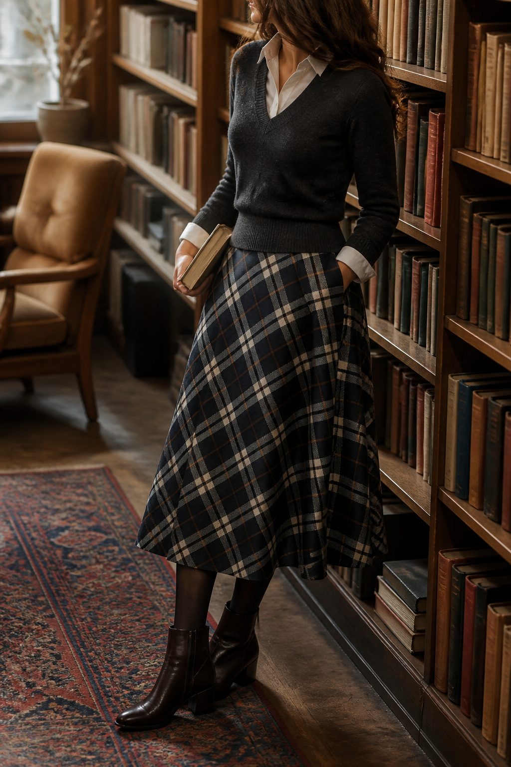 A woman in a button-down shirt and plaid skirt in a library nook.