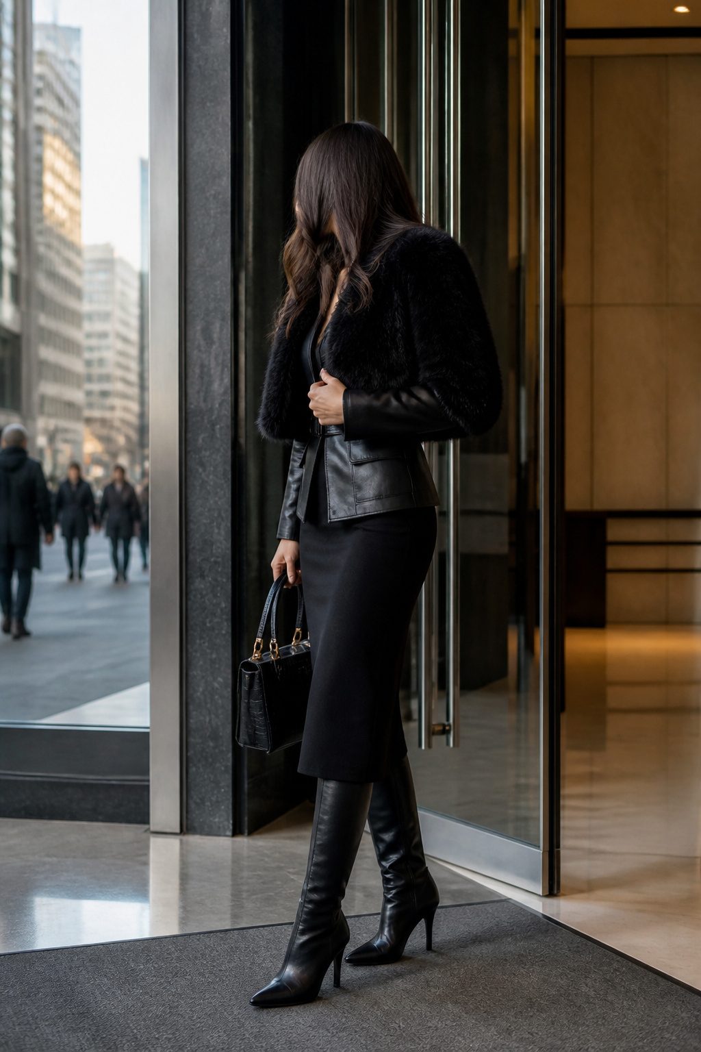 A woman in a fur jacket and leather blazer at a modern high-rise.