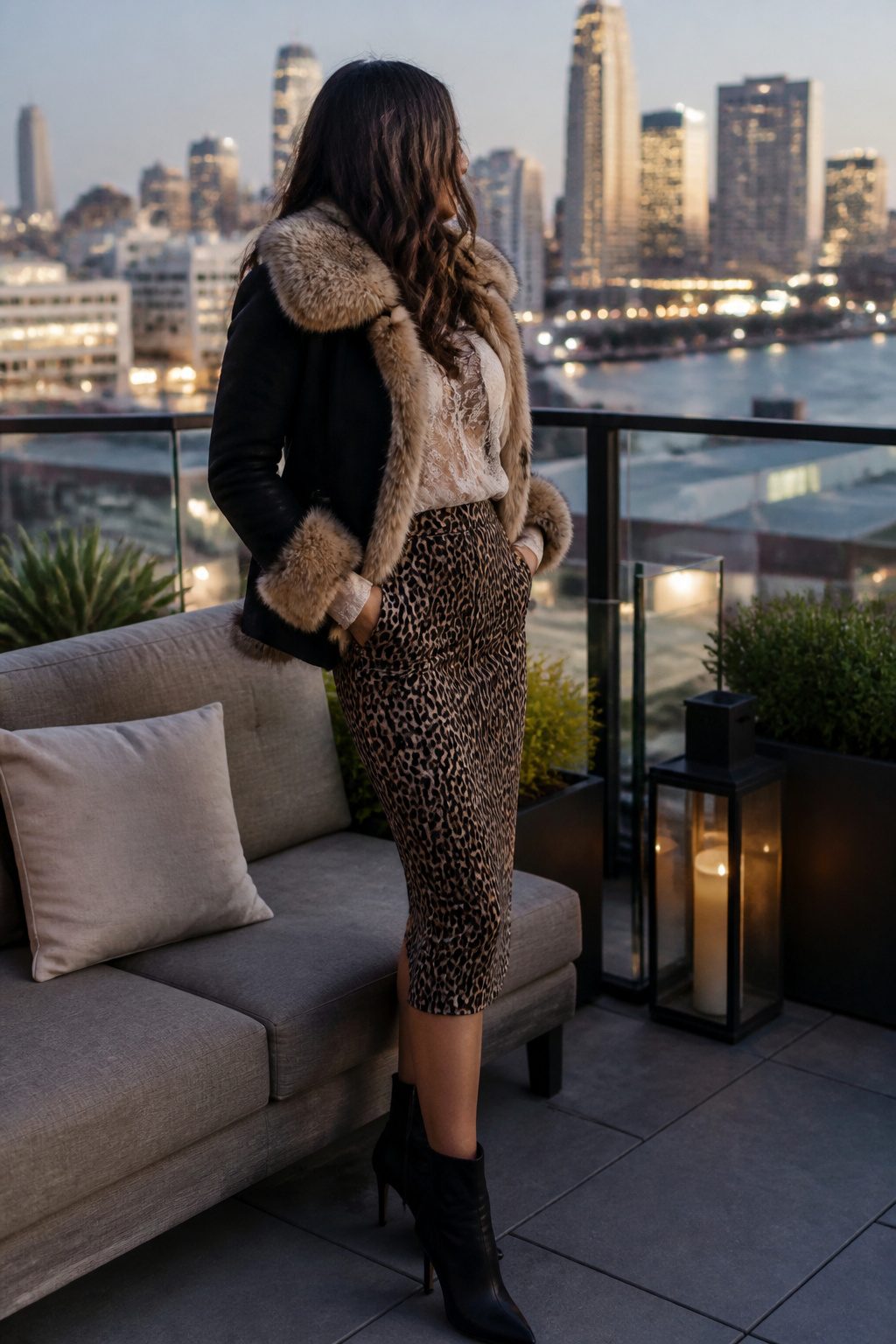 A woman wearing a fur-trim jacket and animal-print pencil skirt on a terrace.