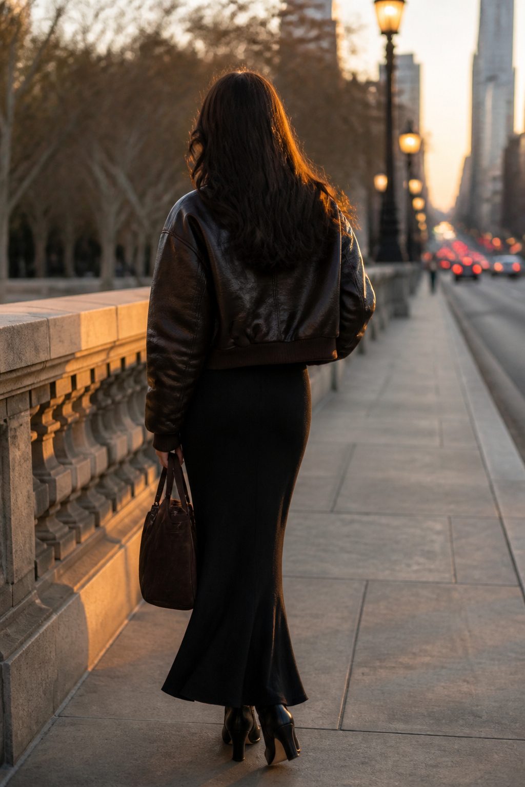 A woman in a leather bomber jacket and maxi column skirt in a dramatic setting.