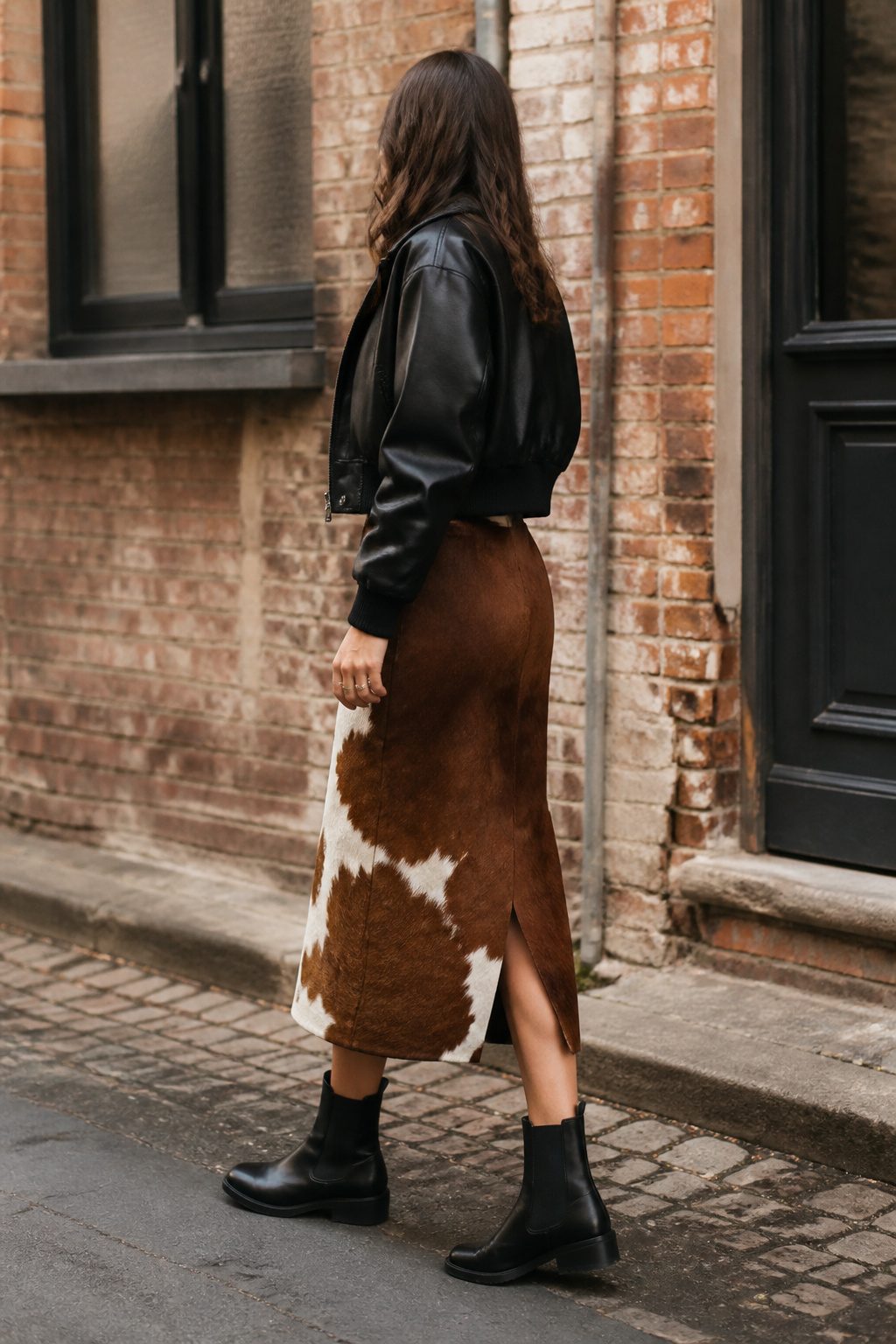 A woman in a leather bomber jacket and pony-hair skirt from a slight angle.