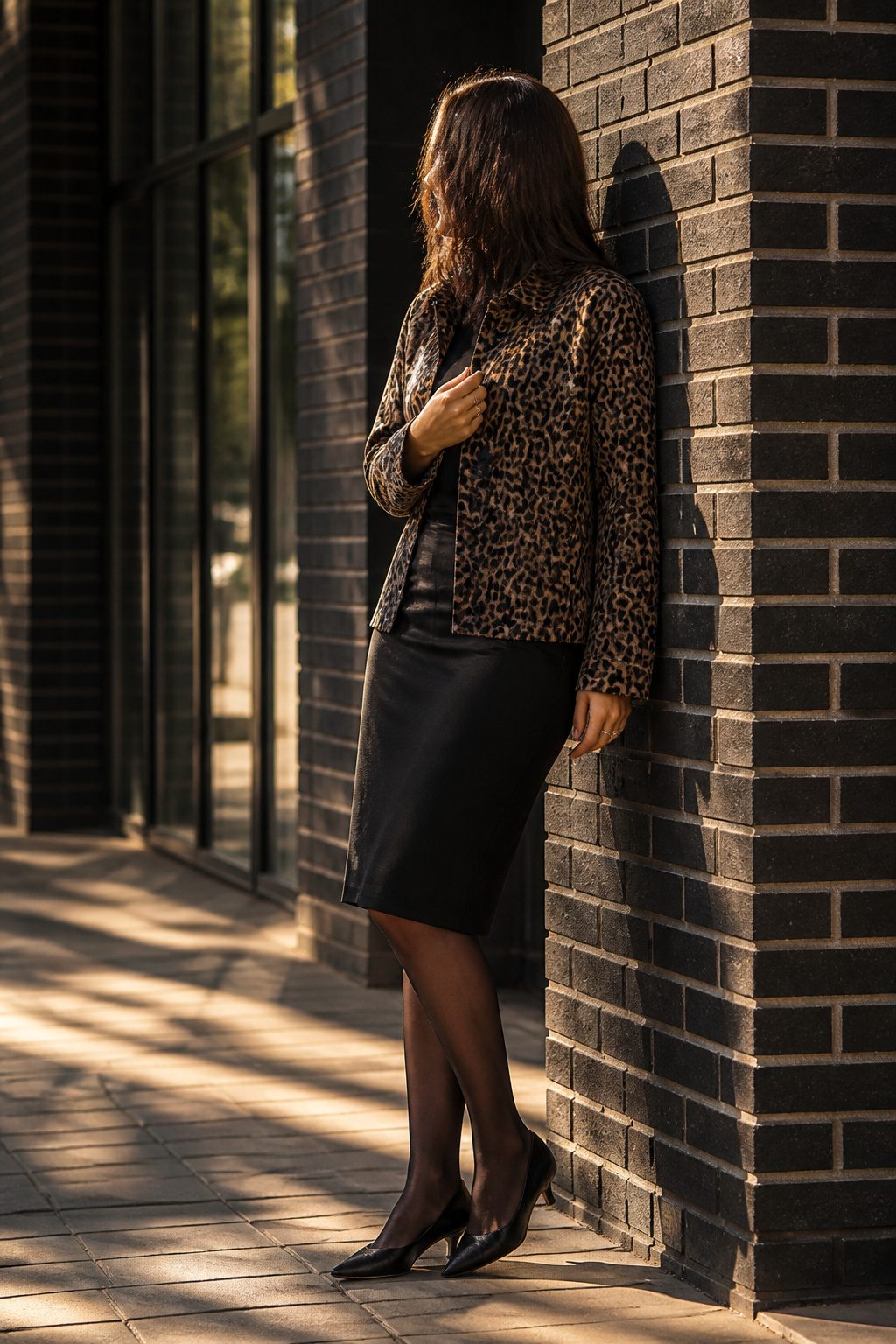 A woman wearing a leopard-print jacket and pencil skirt against a brick wall.