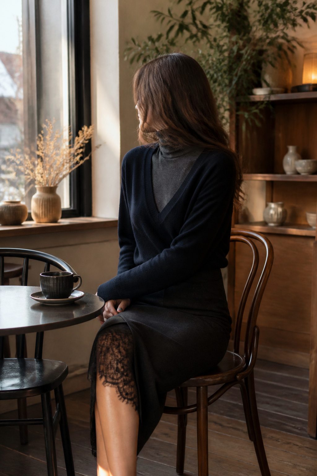 A woman in a turtleneck and V-neck sweater over a lace-trim skirt in a café.