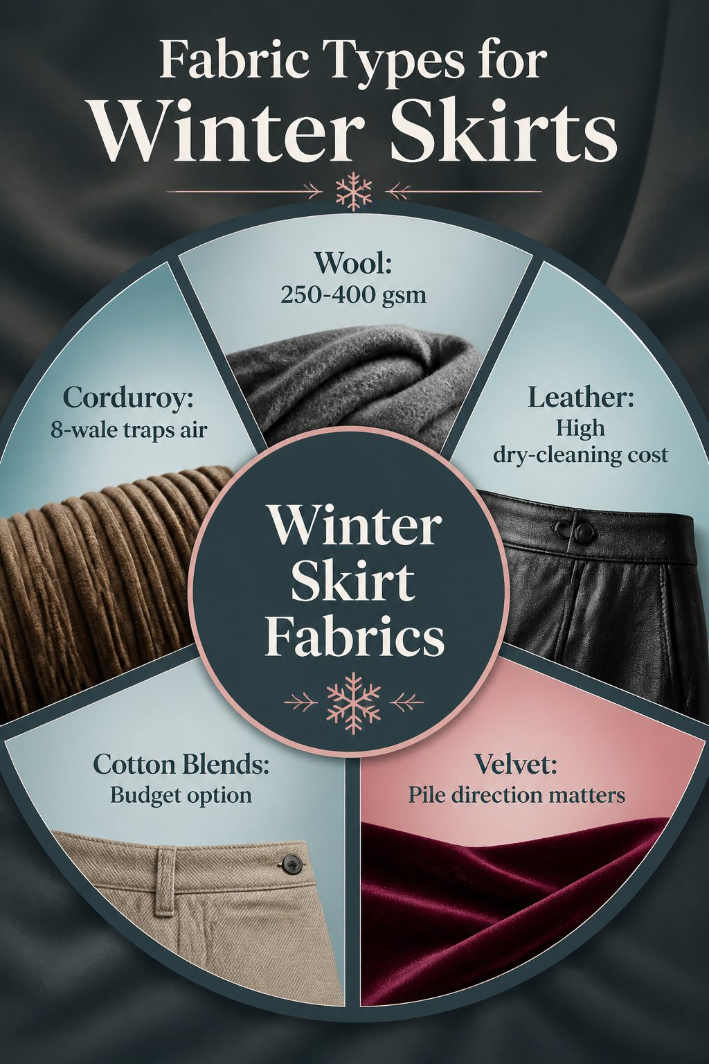 An image displaying different fabric types suitable for winter skirts.